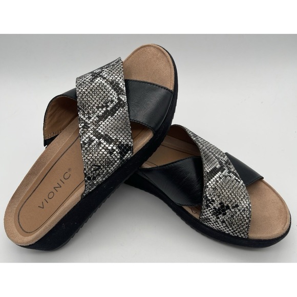 Vionic Women's 7 Medium Hayden Black Snake Skin Leather Criss Cross Slide Sandal - Picture 1 of 5